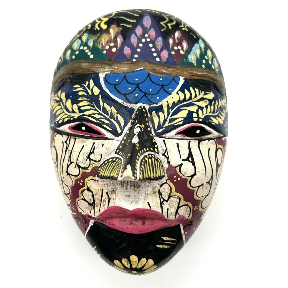 Vintage Javanese Topeng Hand Painted Wood Mask Box Indonesian Art 6"